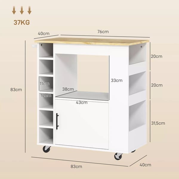 HOMCOM kkkenvogn med bordplade, hylder, vinstativer, kkkenskab, rullebord, eg, 83x40x83cm