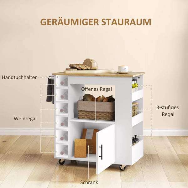 HOMCOM kkkenvogn med bordplade, hylder, vinstativer, kkkenskab, rullebord, eg, 83x40x83cm