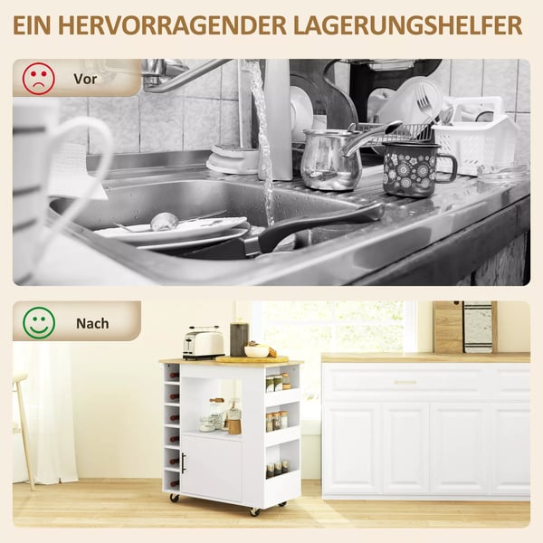 HOMCOM kkkenvogn med bordplade, hylder, vinstativer, kkkenskab, rullebord, eg, 83x40x83cm