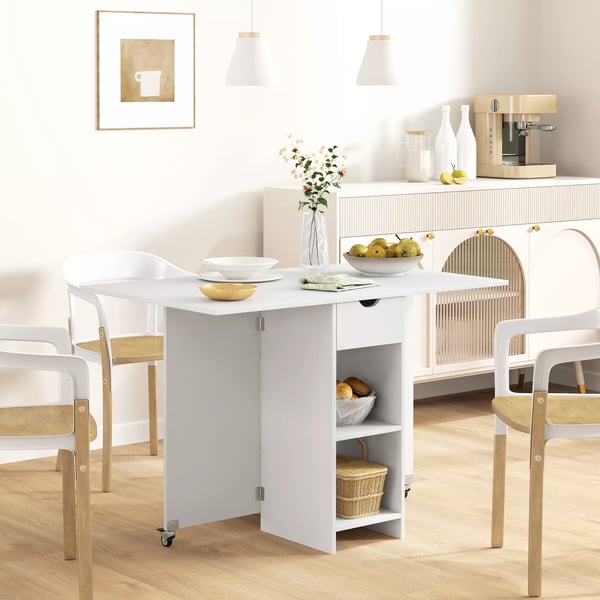 HOMCOM Klapbart spisebord i hvid, plads til 2-4 personer, m/ hylder og skuffe, 114,5x70x75 cm