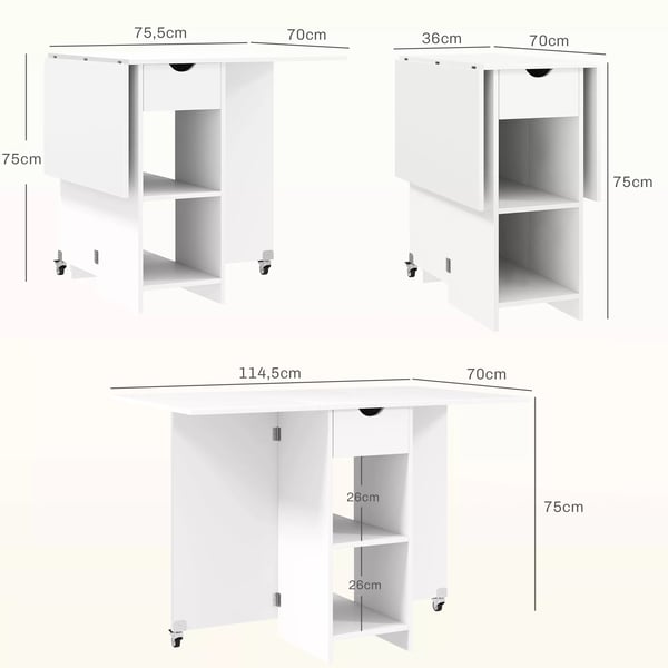 HOMCOM Klapbart spisebord i hvid, plads til 2-4 personer, m/ hylder og skuffe, 114,5x70x75 cm