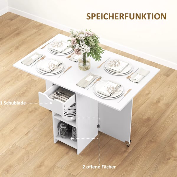 HOMCOM Klapbart spisebord i hvid, plads til 2-4 personer, m/ hylder og skuffe, 114,5x70x75 cm
