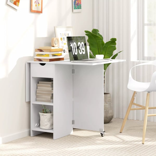 HOMCOM Klapbart spisebord i hvid, plads til 2-4 personer, m/ hylder og skuffe, 114,5x70x75 cm