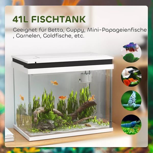 PawHut Akvarium 41L Glas med LED-lys og Filtersystem - Hvid