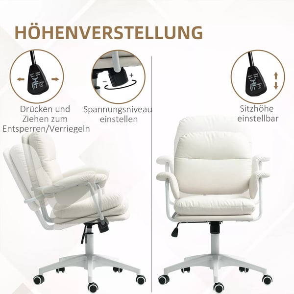 Kontorstol Hvid Kunstlæder med Vippefunktion og Justerbar Højde - Komfortabel Drejestol til Arbejde