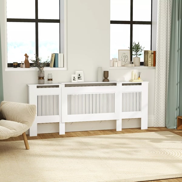 HOMCOM justerbar radiatorafskærmning med hylde, hvid MDF, 125-201 cm