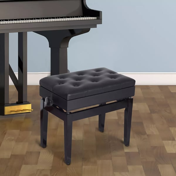 HOMCOM Justerbar Klaverbænk med Opbevaring - Sort, PU Læder & Træ - 54,5x33x48-58cm