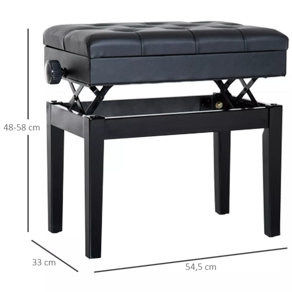 HOMCOM Justerbar Klaverbænk med Opbevaring - Sort, PU Læder & Træ - 54,5x33x48-58cm