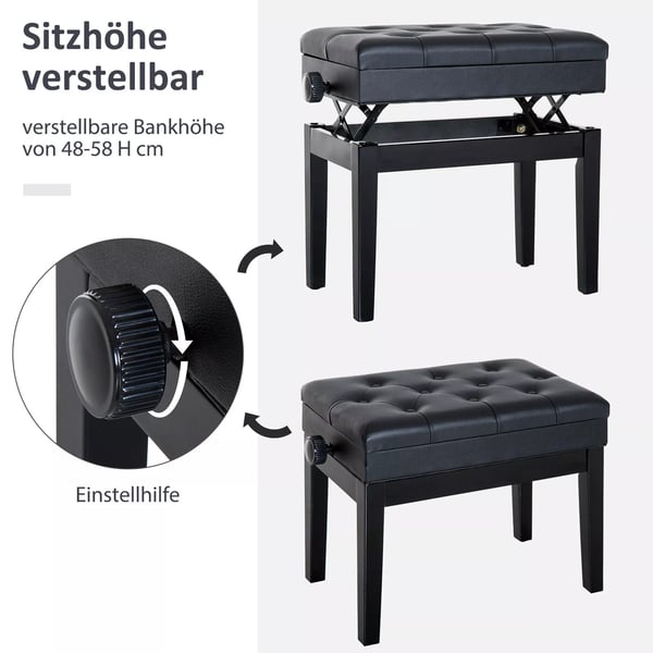 HOMCOM Justerbar Klaverbænk med Opbevaring - Sort, PU Læder & Træ - 54,5x33x48-58cm