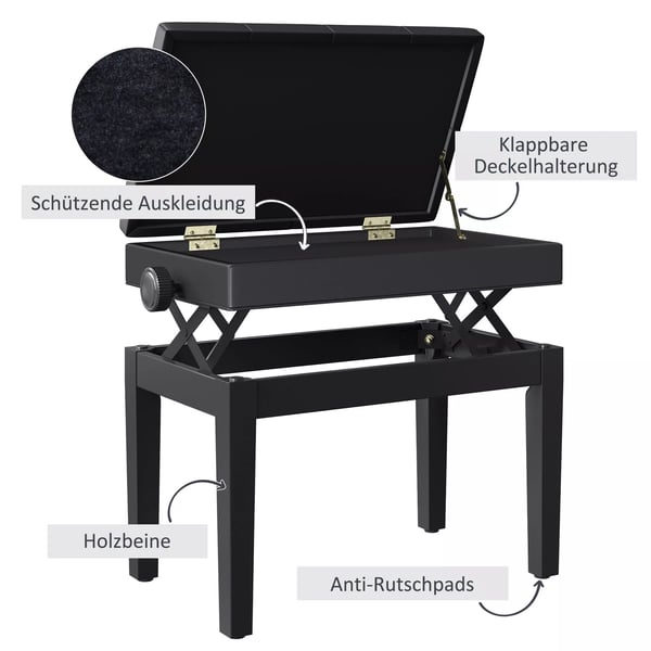 HOMCOM Justerbar Klaverbænk med Opbevaring - Sort, PU Læder & Træ - 54,5x33x48-58cm