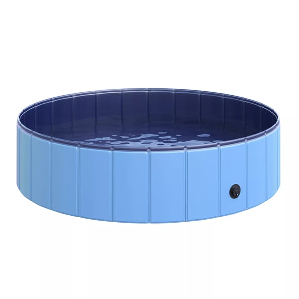 PawHut Hundpool Stor plaskdamm för hundar, Pool av PVC+trä, Blå, Ø120xH30 cm, Avkylning på sommaren