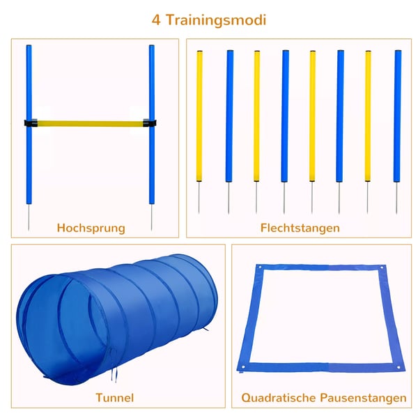 PawHut Hund Agility Sæt m. Tunnel, Hække, Slalom & Starterfelt - PE/Polyester, Blå/Gul
