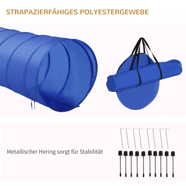 PawHut Hund Agility Sæt m. Tunnel, Hække, Slalom & Starterfelt - PE/Polyester, Blå/Gul