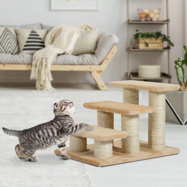 PawHut Kæledyrstrappe til Katte og Hunde 3-trins Hundetrappe, Plys, Creme, 45x35x34 cm