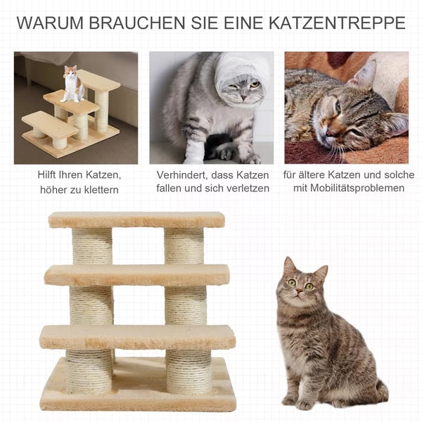 PawHut Kæledyrstrappe til Katte og Hunde 3-trins Hundetrappe, Plys, Creme, 45x35x34 cm