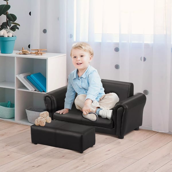 HOMCOM Børnesofa med Fodskammel - 2-delt Sæt i Sort PU-Læder & Træramme, 83x42x41cm