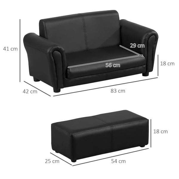 HOMCOM Børnesofa med Fodskammel - 2-delt Sæt i Sort PU-Læder & Træramme, 83x42x41cm