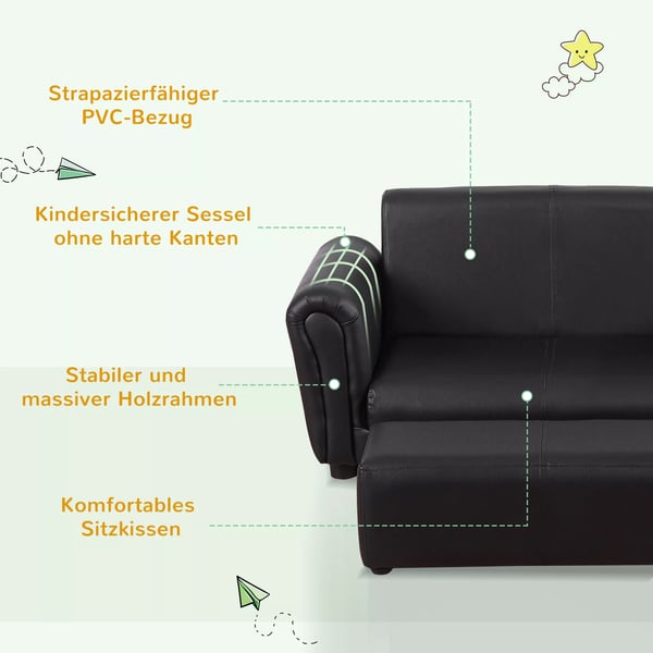 HOMCOM Børnesofa med Fodskammel - 2-delt Sæt i Sort PU-Læder & Træramme, 83x42x41cm