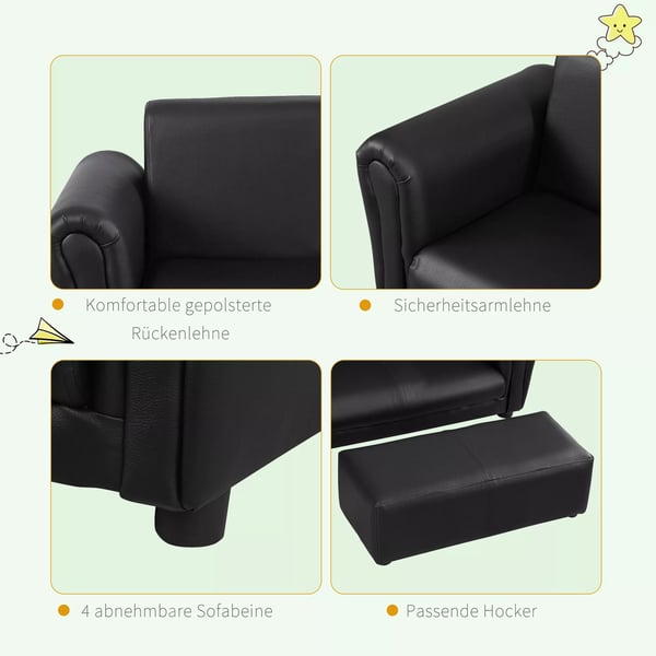 HOMCOM Børnesofa med Fodskammel - 2-delt Sæt i Sort PU-Læder & Træramme, 83x42x41cm