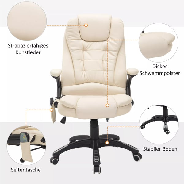 HOMCOM Massagestol Kontorstol med 6 Punkter Vibration og Varme - PU Læder, Drejelig, Cremewhite