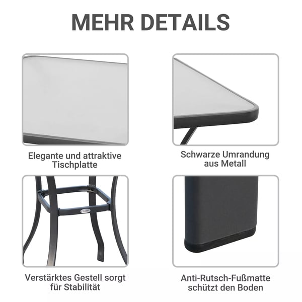 Outsunny Havebord Firkantet Sort Metall/Hartglas 68,5x68,5cm Vejrbestandigt