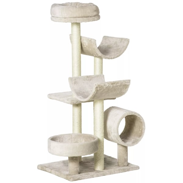 PawHut Kissan Raapimispuu Kiipeilyteline Lelutunnelilla - Beige, K105cm