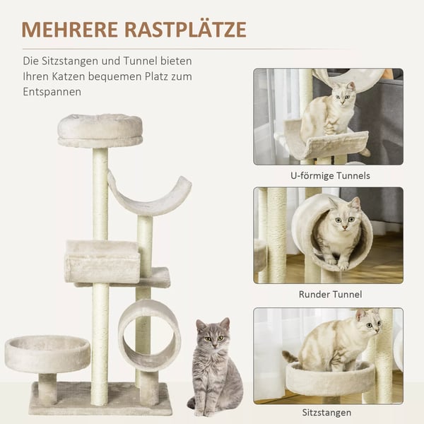 PawHut Kissan Raapimispuu Kiipeilyteline Lelutunnelilla - Beige, K105cm