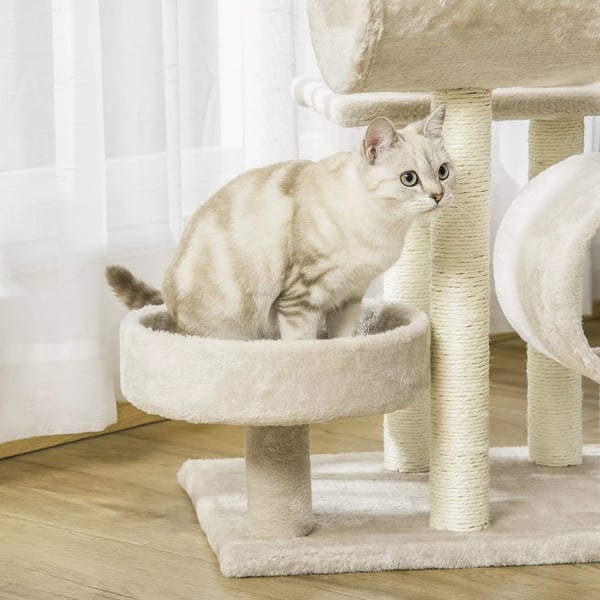 PawHut Kissan Raapimispuu Kiipeilyteline Lelutunnelilla - Beige, K105cm