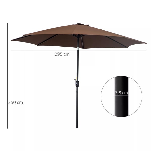 Outsunny parasol med håndsving Ø2,95 x 2,5 m, knækfunktion, markedsparasol, brun, 180g/m² polyester, stabil