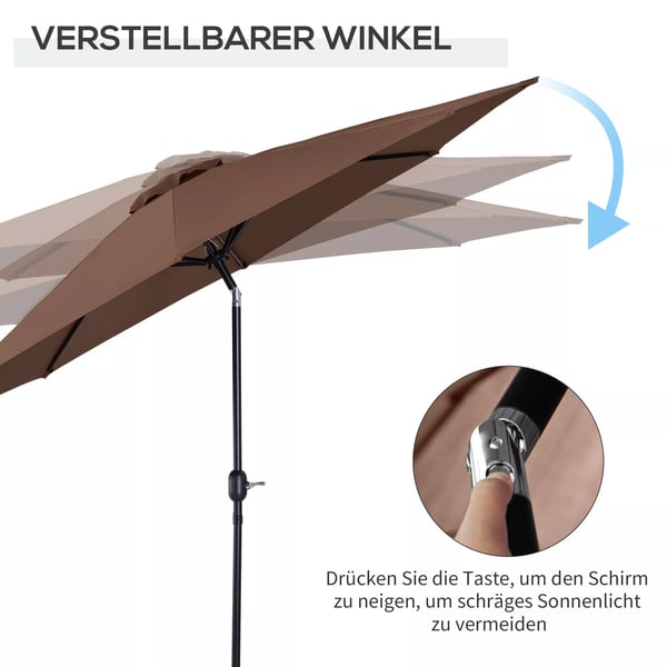 Outsunny parasol med håndsving Ø2,95 x 2,5 m, knækfunktion, markedsparasol, brun, 180g/m² polyester, stabil