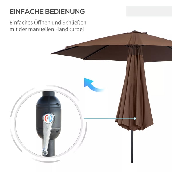 Outsunny parasol med håndsving Ø2,95 x 2,5 m, knækfunktion, markedsparasol, brun, 180g/m² polyester, stabil