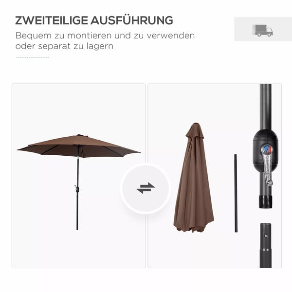 Outsunny parasol med håndsving Ø2,95 x 2,5 m, knækfunktion, markedsparasol, brun, 180g/m² polyester, stabil