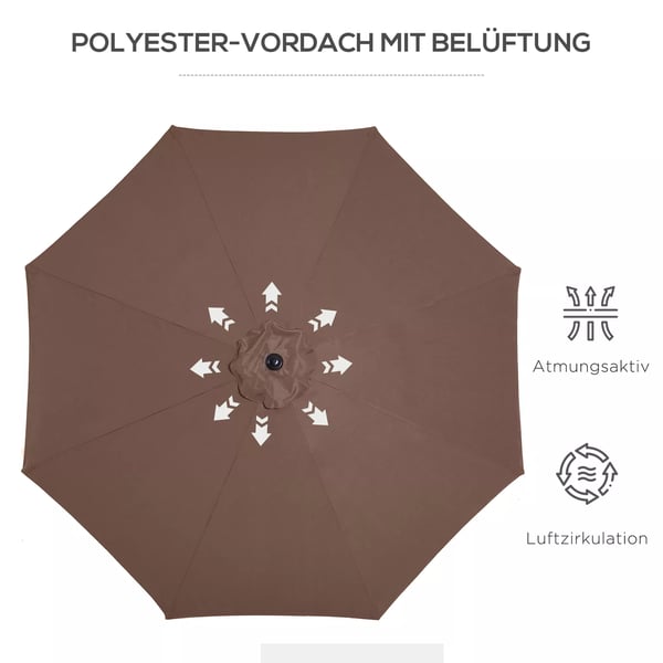 Outsunny parasol med håndsving Ø2,95 x 2,5 m, knækfunktion, markedsparasol, brun, 180g/m² polyester, stabil