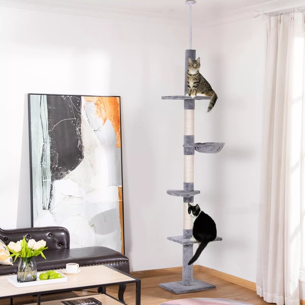 PawHut Kradsetræ til loftet - Grå - Højdejusterbar - Sisal - 40x34x230-260cm
