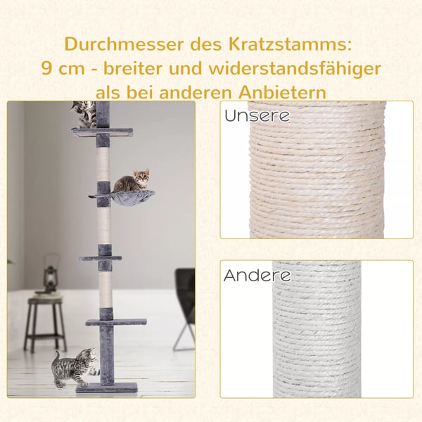 PawHut Kradsetræ til loftet - Grå - Højdejusterbar - Sisal - 40x34x230-260cm