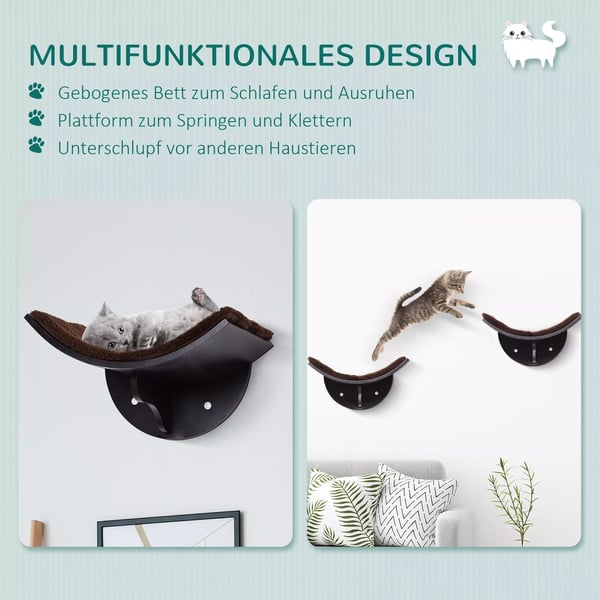 PawHut Væghængt Kæledyrshylde – Brun MDF med Plys – 41x28x21cm