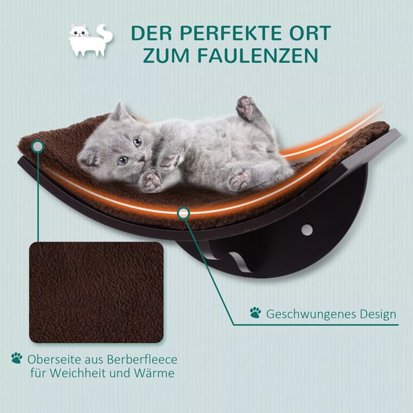 PawHut Væghængt Kæledyrshylde – Brun MDF med Plys – 41x28x21cm