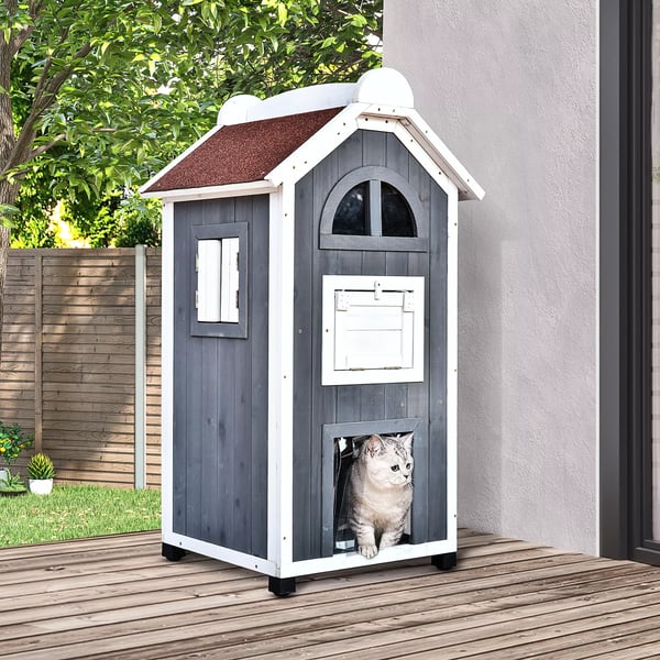 PawHut Kattehus til Kattebakke eller Katte toilet alsidig Katte skab, grantræ, tag af asfalt, grå, 59x55x109cm