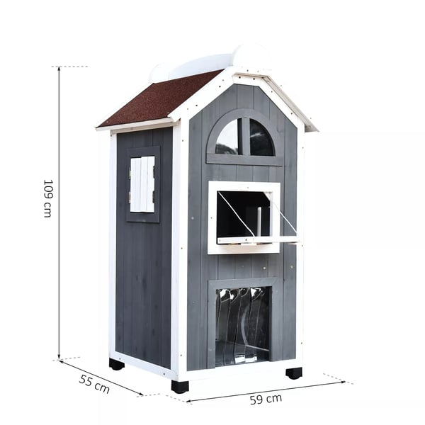 PawHut Kattehus til Kattebakke eller Katte toilet alsidig Katte skab, grantræ, tag af asfalt, grå, 59x55x109cm