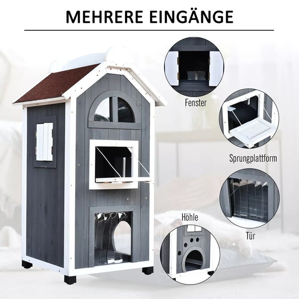 PawHut Kattehus til Kattebakke eller Katte toilet alsidig Katte skab, grantræ, tag af asfalt, grå, 59x55x109cm