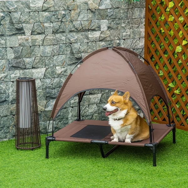 PawHut Forhøjet Hundeseng m. Baldakin - Åndbar Taftstof - Kaffe 92x76x90cm