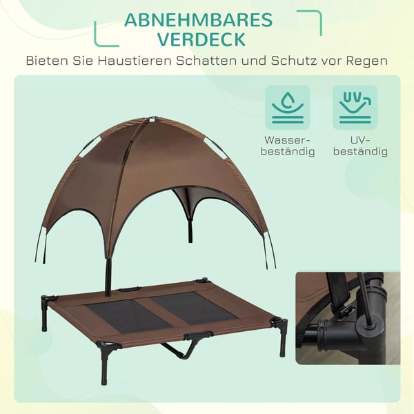 PawHut Forhøjet Hundeseng m. Baldakin - Åndbar Taftstof - Kaffe 92x76x90cm