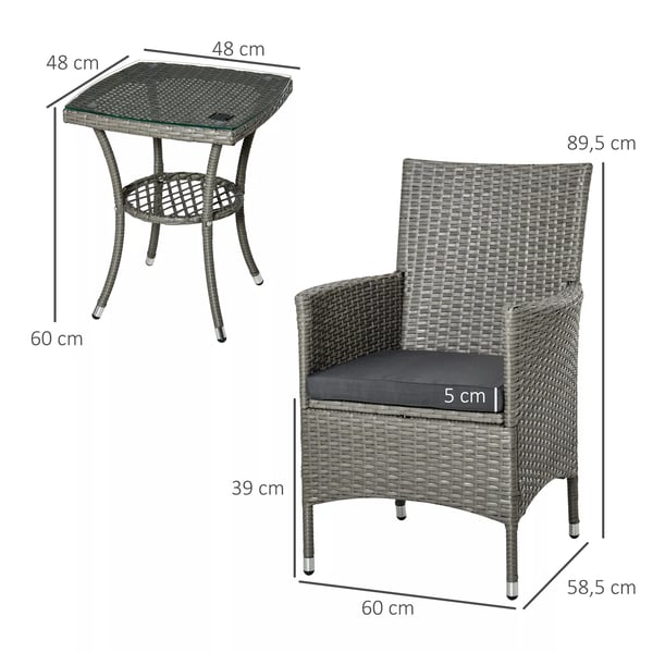 Outsunny 3-delt altanmøbelsæt i grå rattanlook med metalramme og glasbord
