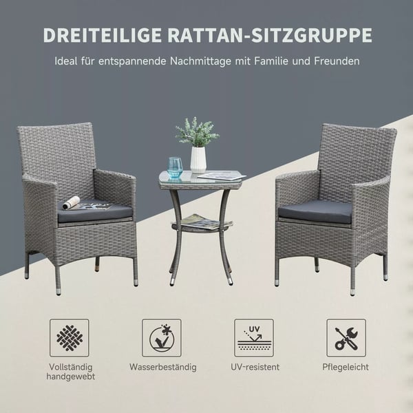 Outsunny 3-delt altanmøbelsæt i grå rattanlook med metalramme og glasbord