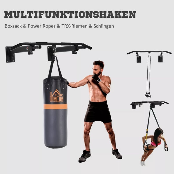 HOMCOM Pull-up-stang til vægmontering, bar med øjer til boksesæk, stål, sort, 93,5x65x17 cm