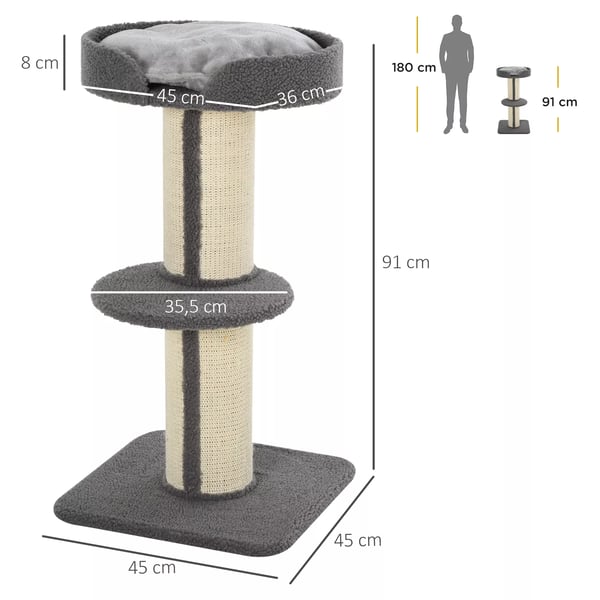 Kattelegetre Kralsestolpe med Platform, Sisal, E1 Spanplade, Plys, Gra, 45x45x91cm