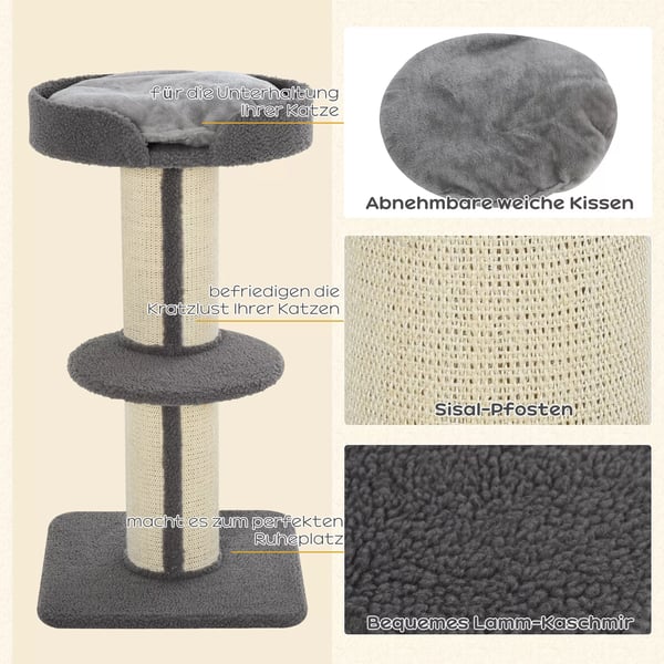 Kattelegetre Kralsestolpe med Platform, Sisal, E1 Spanplade, Plys, Gra, 45x45x91cm
