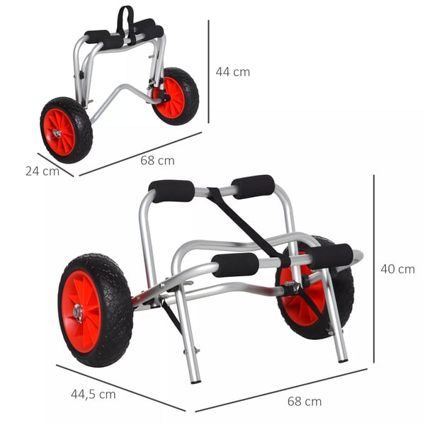 HOMCOM Alu kano-vogn kajakvogn surf-vogn sammenklappelig med rem PU-hjul sølv op til 75 kg 68 x 44,5 x 40 cm
