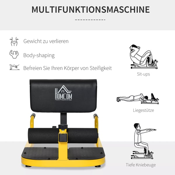 HOMCOM Sissy-kyykky- ja jalkatreenilaite - Teräs/EVA, Keltainen/Musta - 120 kg asti