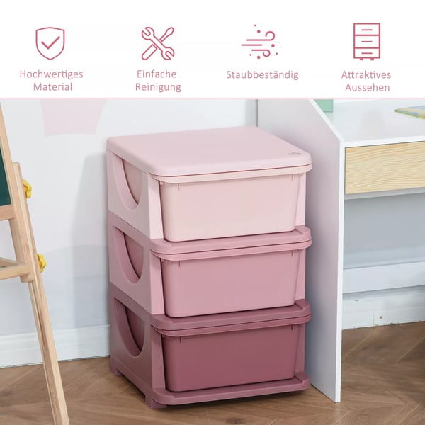 HOMCOM Legetjsorganisator med 3 skuffer til brnevrelse – Lyserd Rosa, 37x37x56,5 cm
